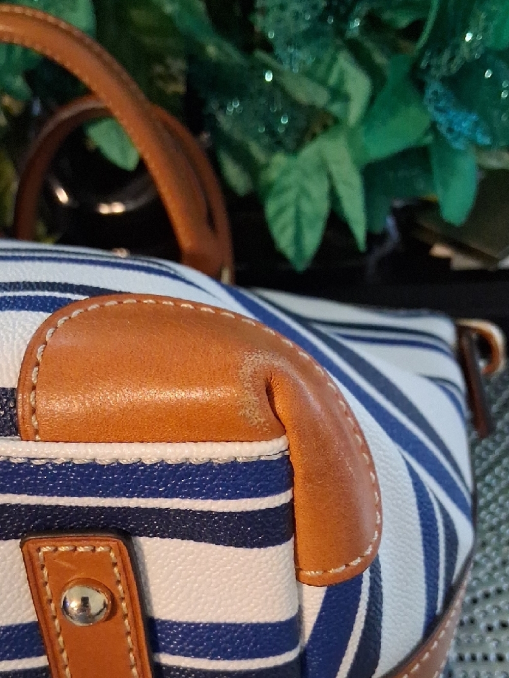 Dooney & Bourke Navy and White Striped Tote with Tan Trim - Picture 4 of 7